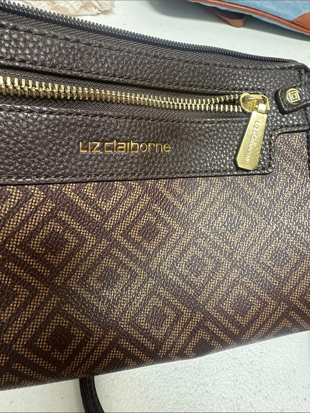 Liz Claiborne Brown Diamond-Pattern Crossbody with Gold Hardware